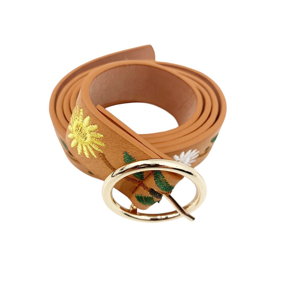 Belt Camel Tan Floral Embroidery Flowers Vegan Leather 31"-37" Total 41" - Picture 5 of 8